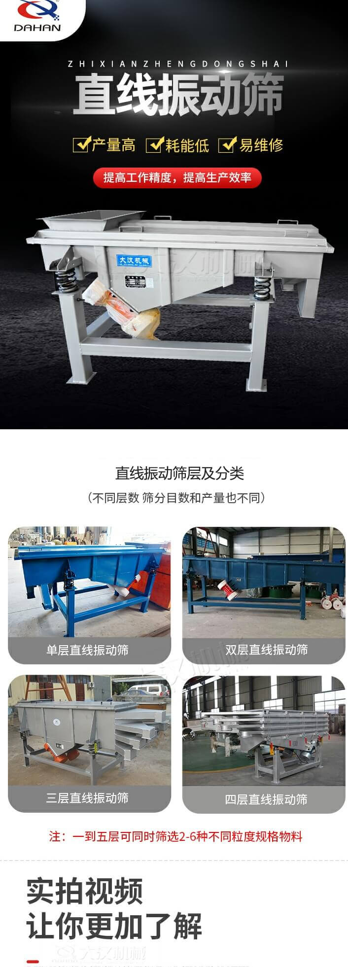 直線振動篩概述，産量高，耗能低，易維修，提高工作精度，提高生産效率，直線振動篩層級分類：不同層數，篩分目數和産量也不同：單層，雙層，三層，四層等。
