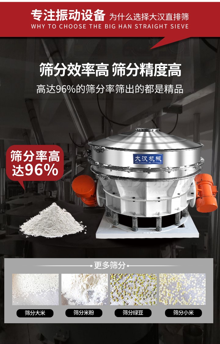 直排篩适用物料有面粉，澱粉，洗衣粉，金屬粉，添加劑，化工，非礦等行業。