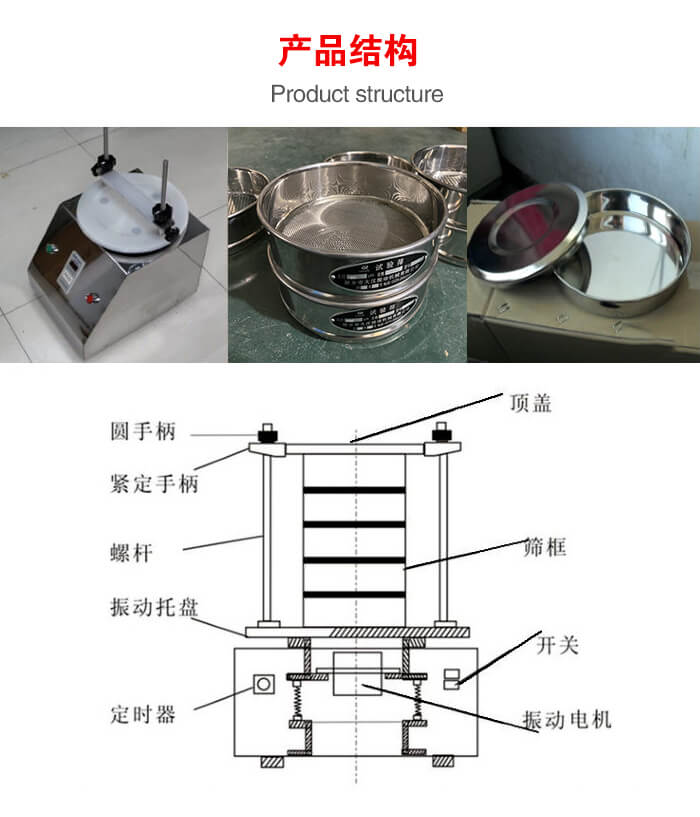 實驗室振動篩-試驗篩結構主要由：圓手柄，緊定手柄，螺杆，振動托盤，篩框，頂蓋等。