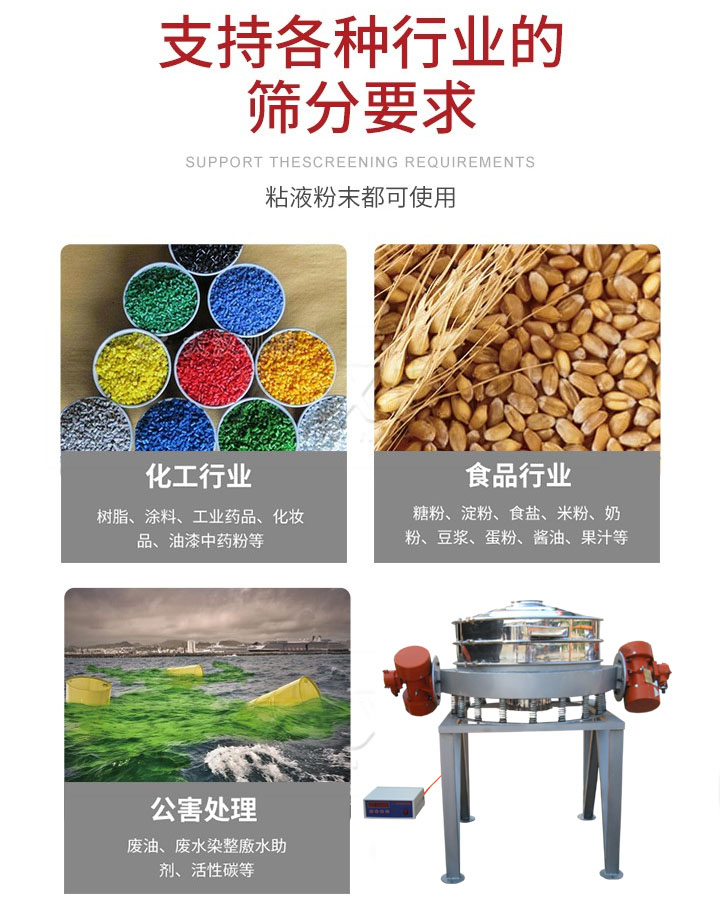 直排篩适用行業：化工行業，食品行業，金屬行業，以及公害處理等行業。支持各種行業的篩分要求。